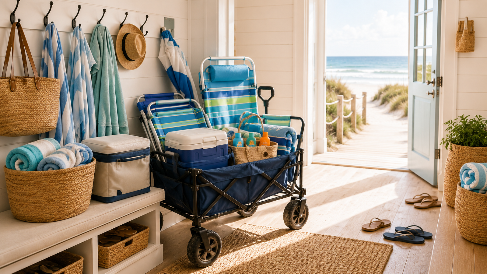 Beach gear setup Beach house entryway organized with beach towels, cooler, chairs, wagon, sunscreen, baskets, sandals, and open doors leading toward the sand.