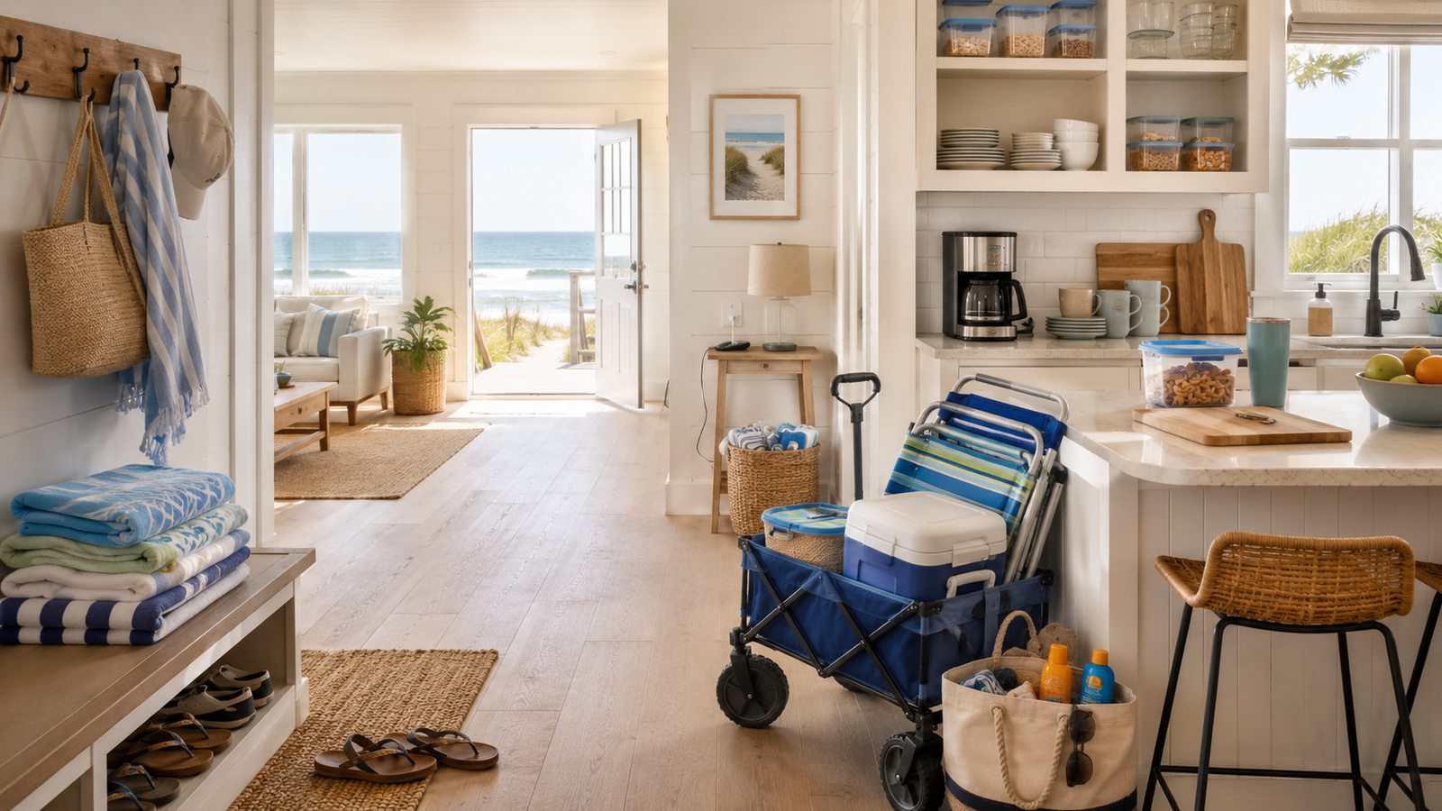 Beach house starting guide Bright beach house entry and kitchen stocked with towels, beach chairs, cooler, wagon, sunscreen, and everyday essentials near open doors facing the ocean.
