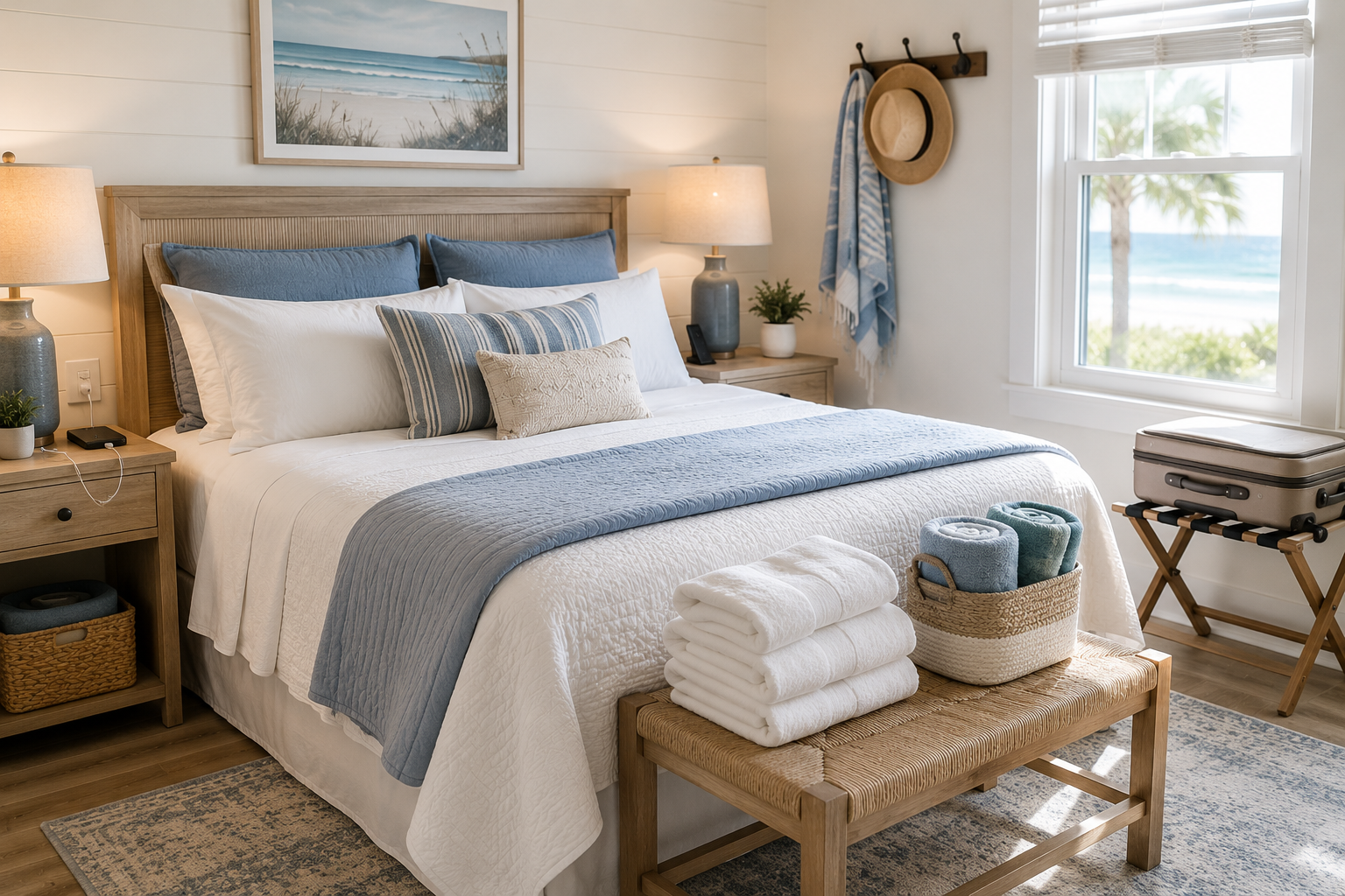Bedroom setup Calm coastal bedroom with white and blue bedding, bedside lamps, charging access, folded towels, woven baskets, and a luggage rack by the window.