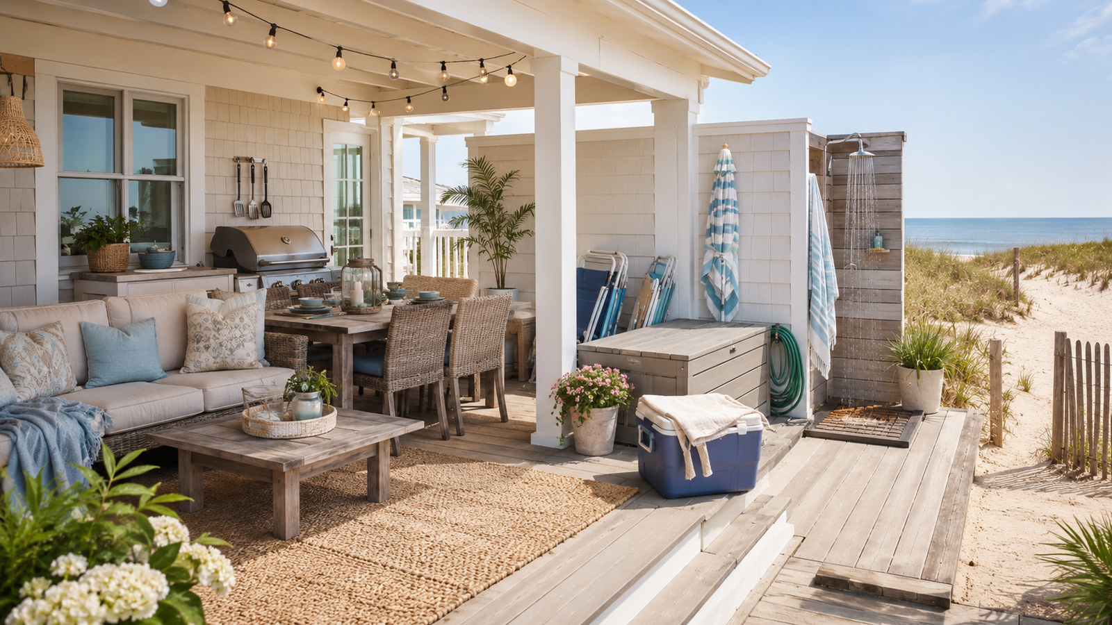 Outdoor living area Beach house deck with outdoor seating, dining area, grill, string lights, storage box, outdoor shower, cooler, towels, and sandy path to the beach.