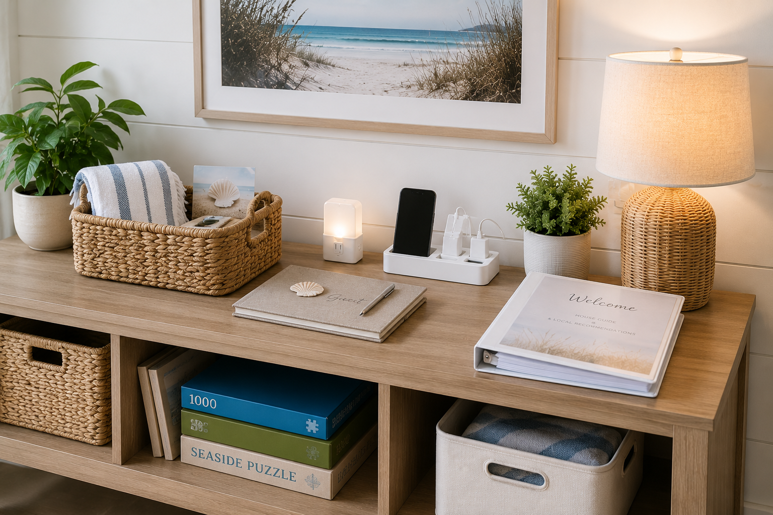 Thoughtful Extras Simple coastal welcome station with a guest book, house binder, night light, charging tray, woven basket, puzzles, plants, and soft beach house decor.