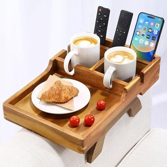 Acacia Wood Couch Arm Tray with Cup Holder