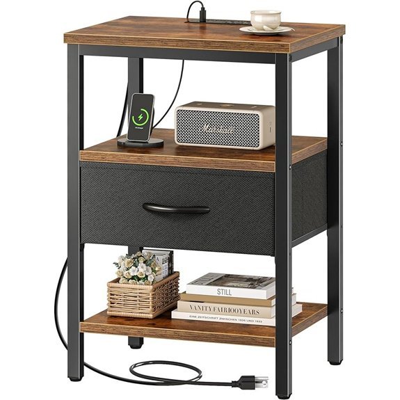 SUPERJARE Nightstand with Charging Station 3-Tier Storage