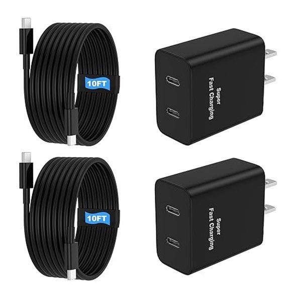 Dual Port USB-C Fast Charger with 10ft Cable