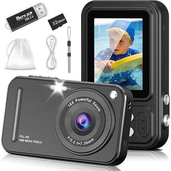 Kids Digital Camera 48MP 16x Zoom Anti-Shake Black